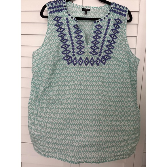 Talbots‎ Woman 2X Sleeveless Top Blue Green Embroidered V Neck Blouse - Picture 1 of 10